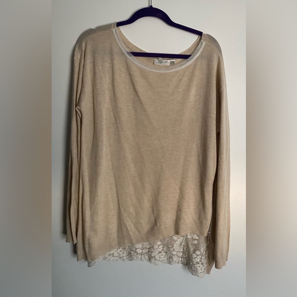 RD Style Beige Sweater with Lace Hem